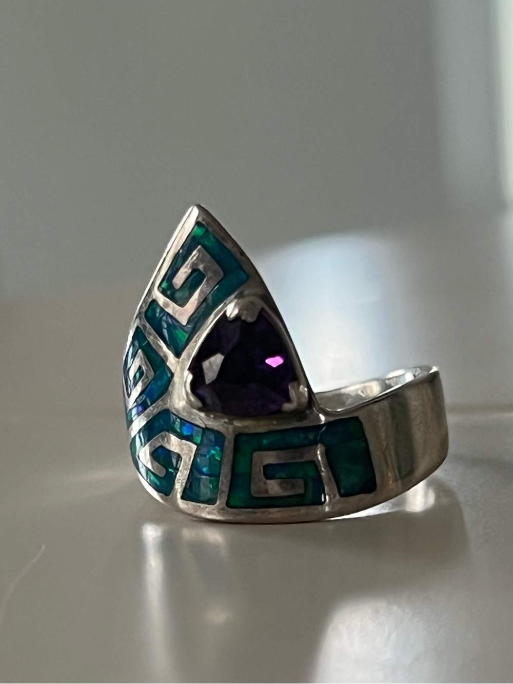 Sterling Silver Teardrop Amethyst Inlay Ring - Blue Green Enamel